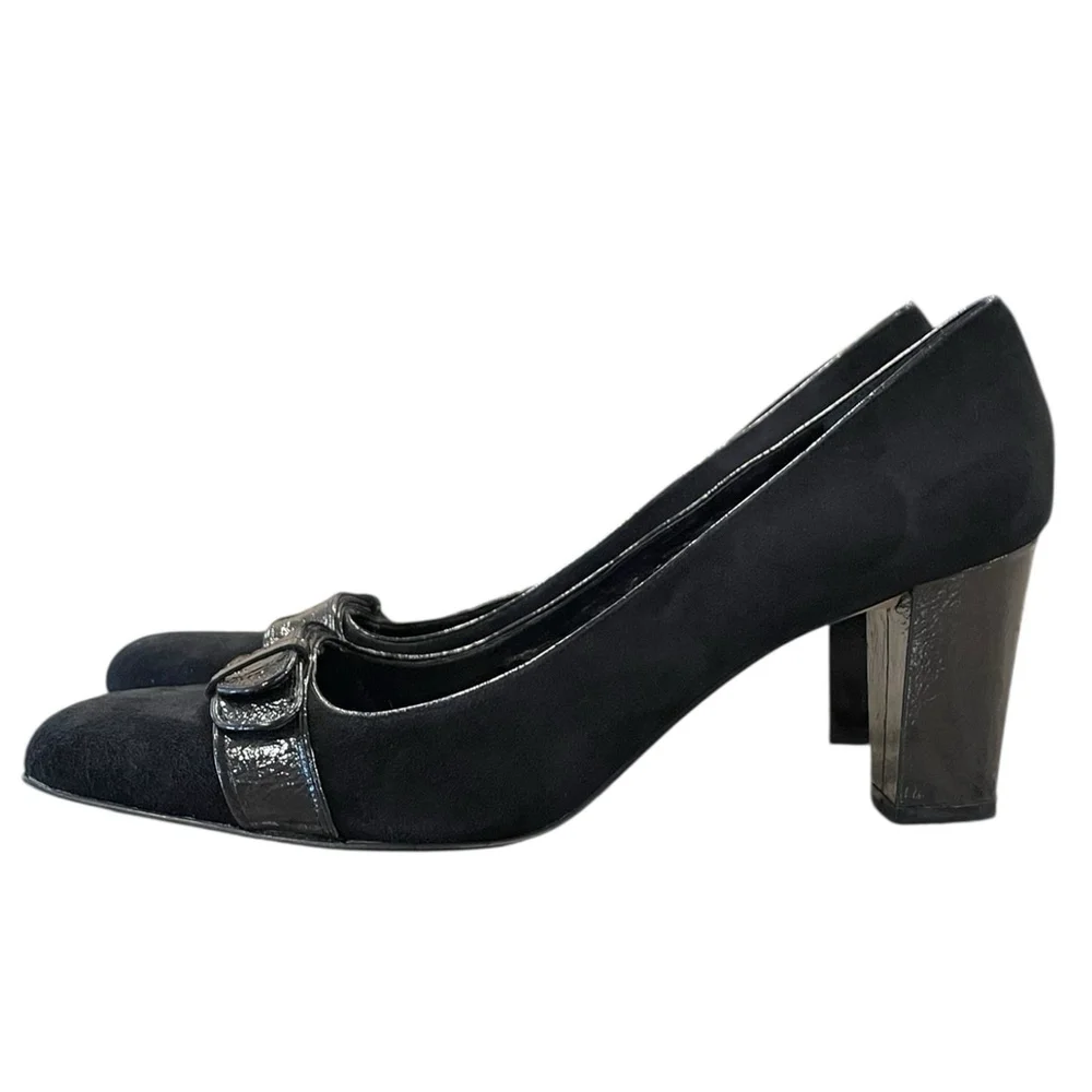 Enzo Angiolini Womens 9.5M Eatotiana Pumps Block Heel Suede Patent Accent Black